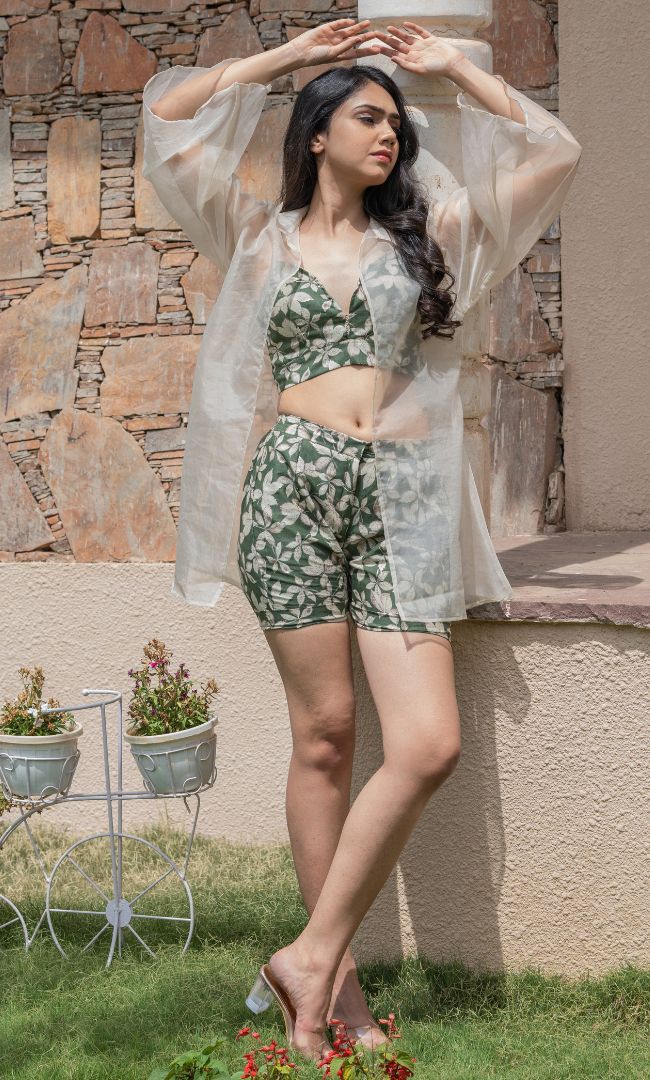 GREEN FLORAL SHRUG SET
