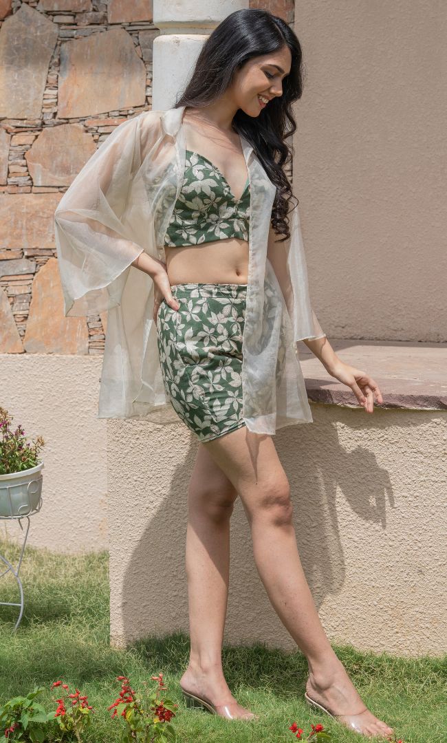 GREEN FLORAL SHRUG SET