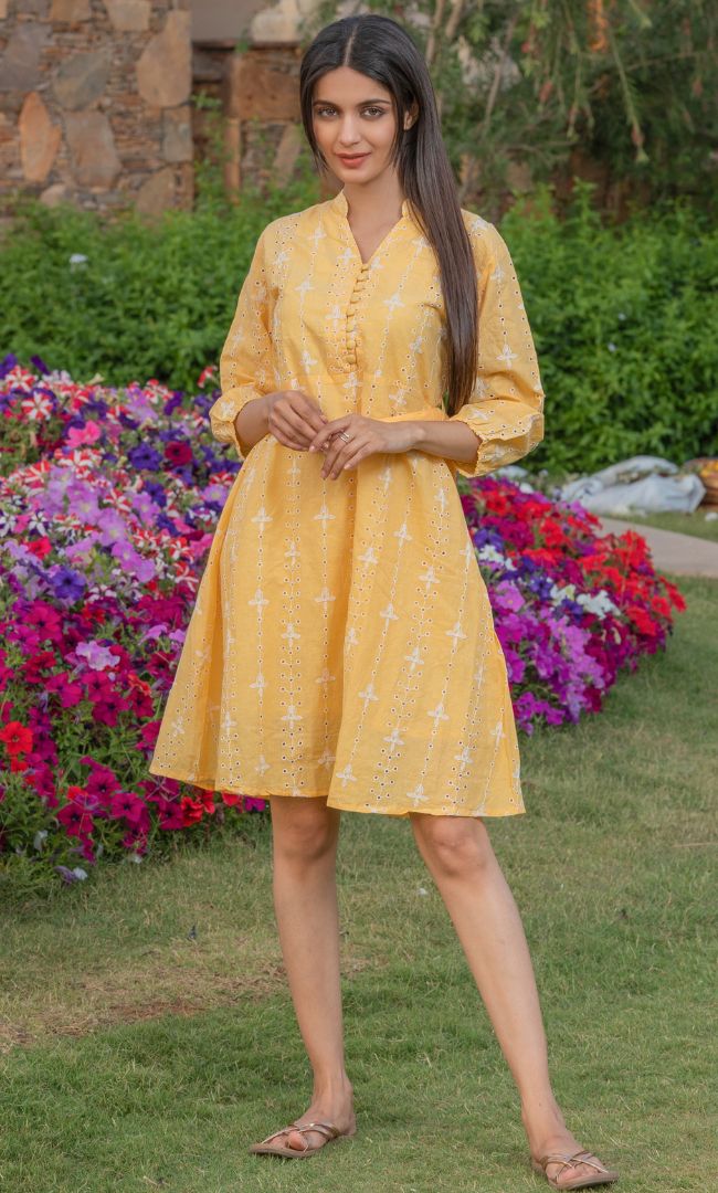 CANARY YELLOW CUT WORK DRESS