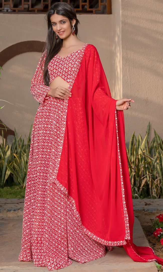 Red Embroidered Lehenga Set