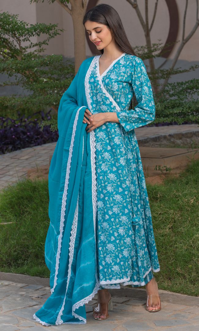 SEA GREEN FLORAL ANGRAKHA SET