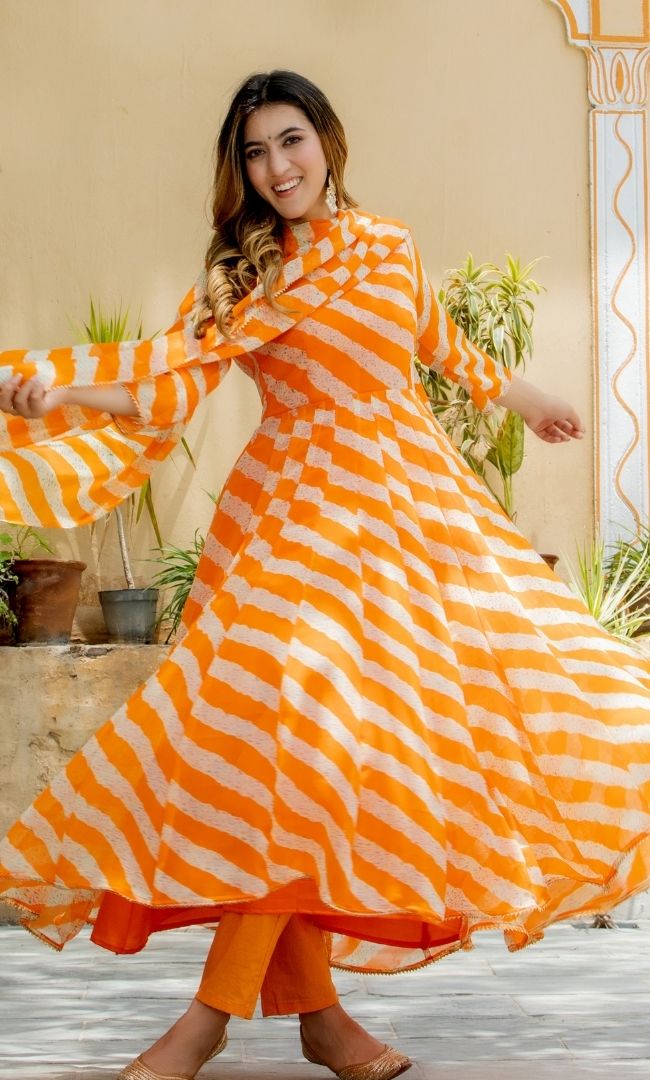 ORANGE TANGO LEHERIYA KALIDAR KURTA PANT WITH DUPATTA SET