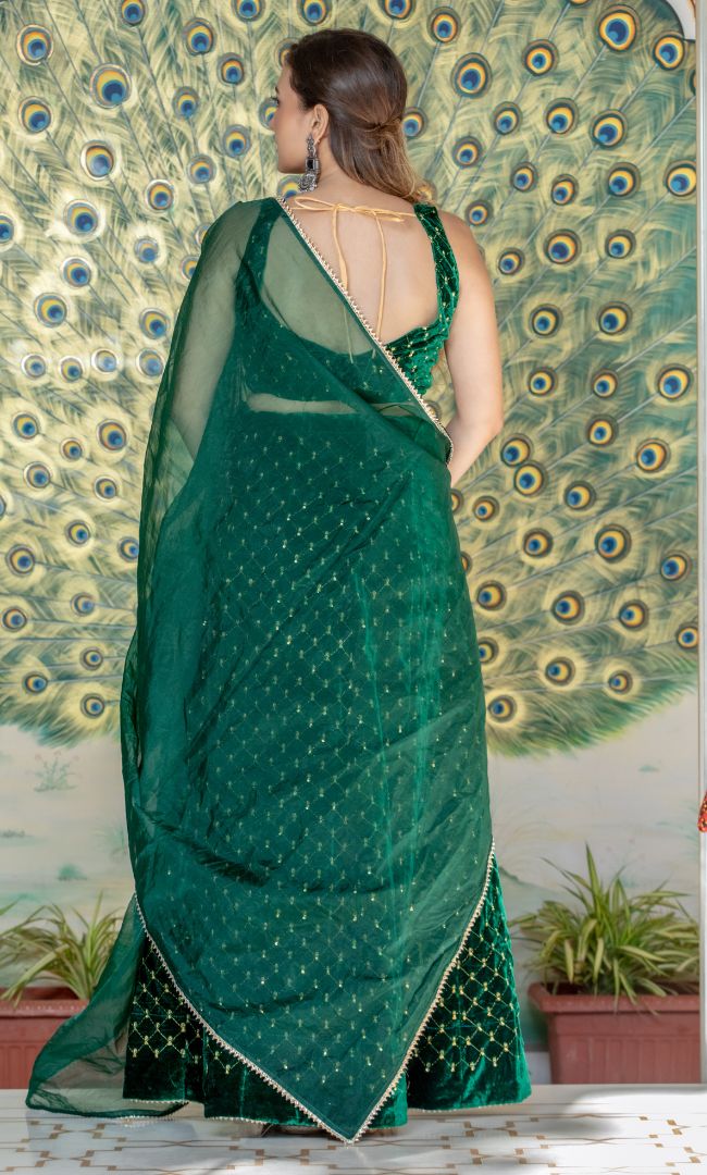 COBALT GREEN CROSS SEQURNCE VELVET LEHENGA SET
