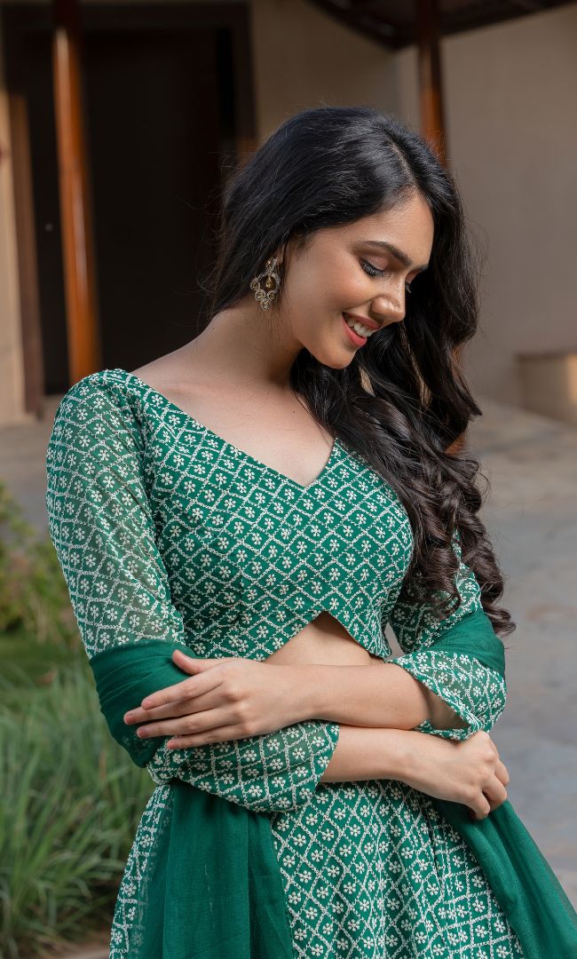 FOREST GREEN CHIKANAKRI LEHENGA SET