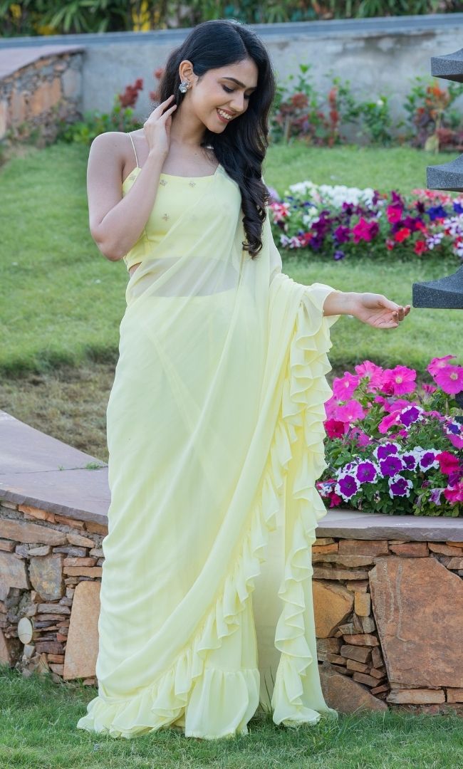 LEMON YELLOW RUFFLE SHARARA SAREE
